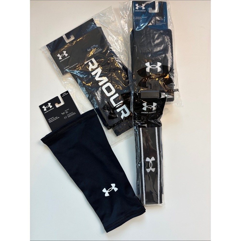 NEW Under Armour Athletic Bundle Black Unisex L/XL Sleeves Wristbands Headband